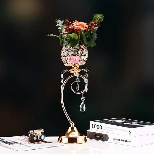 Suport pentru Lumanare din Cristal Auriu, Sfesnic Mic din Fier, Stil Vintage