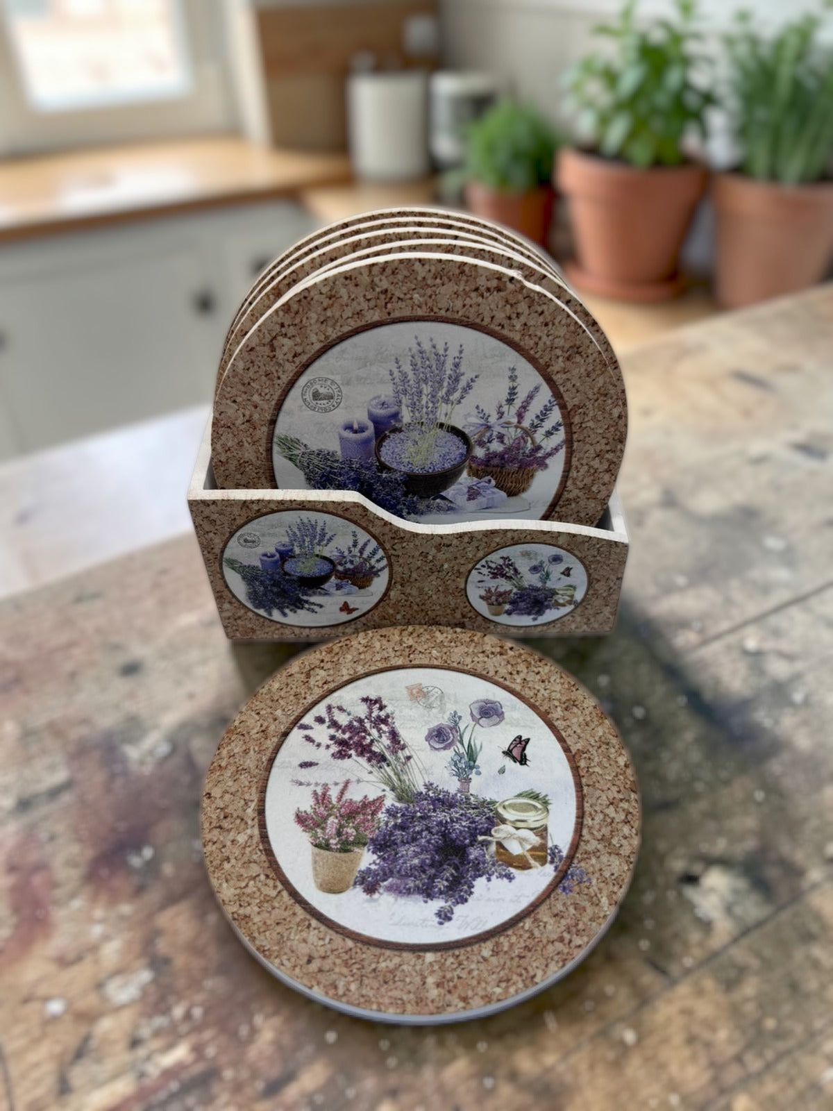 Set suporturi pahare din pluta – model lavanda