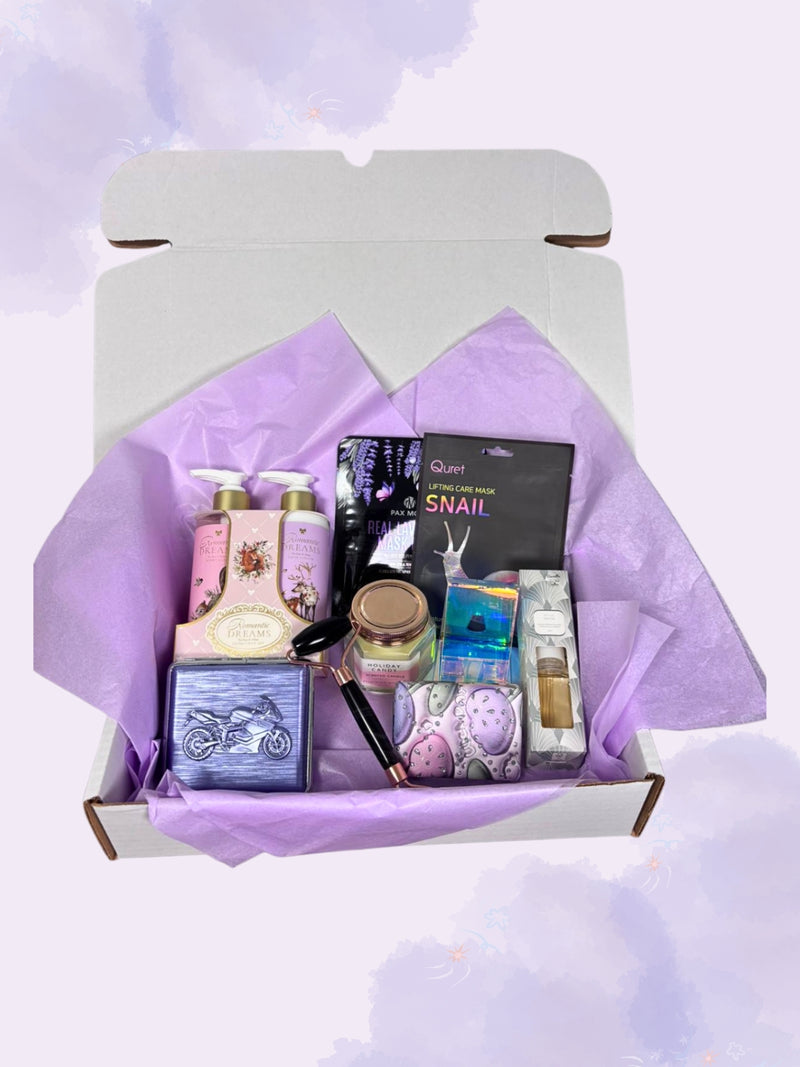 Set cadou Lavender Glow-tabachera, lumanare, rola jad, oglinda, suport telefon, odorizant, masti faciale si crema maini