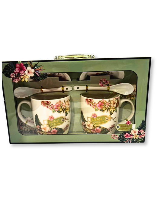 Set cani ceramice Beautiful World cu lingurite – Model floral, 2 buc