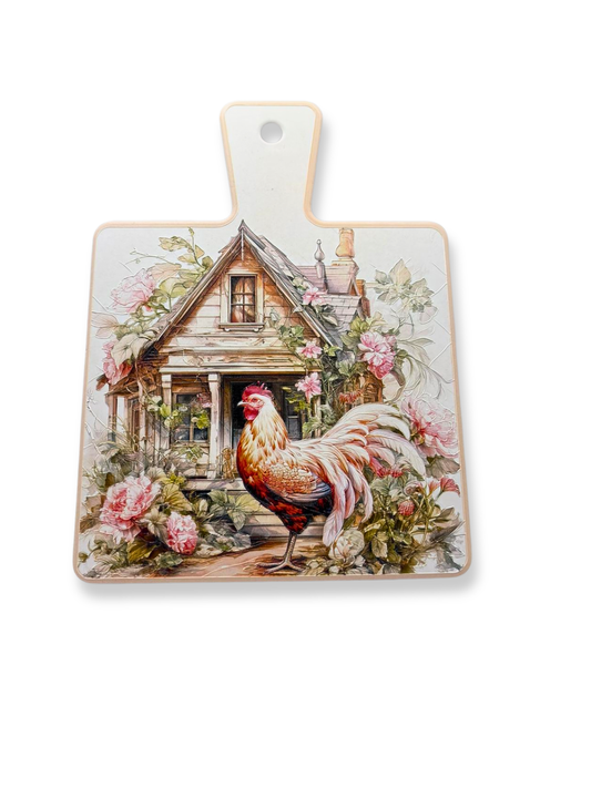 Tocator ceramic decorativ cu design rustic: casuta, cocos si flori. Ideal pentru decor si servire in bucatarie.