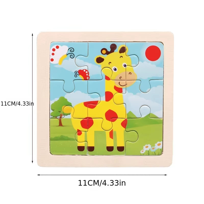 Puzzle din Lemn pentru Copii – 11x11cm, Model Animal și Vehicul, Joc Montessori Educațional pentru Vârsta 3-6 Ani