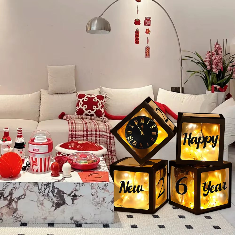 Set Happy New Year 2026 – Cutie Transparentă cu Baloane Negre, Decor Elegant pentru Revelion și Petreceri