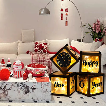 Set Happy New Year 2026 – Cutie Transparentă cu Baloane Negre, Decor Elegant pentru Revelion și Petreceri