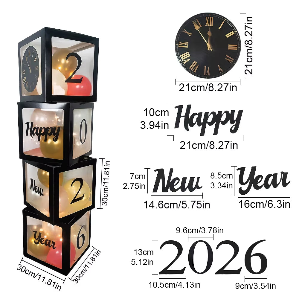 Set Happy New Year 2026 – Cutie Transparentă cu Baloane Negre, Decor Elegant pentru Revelion și Petreceri