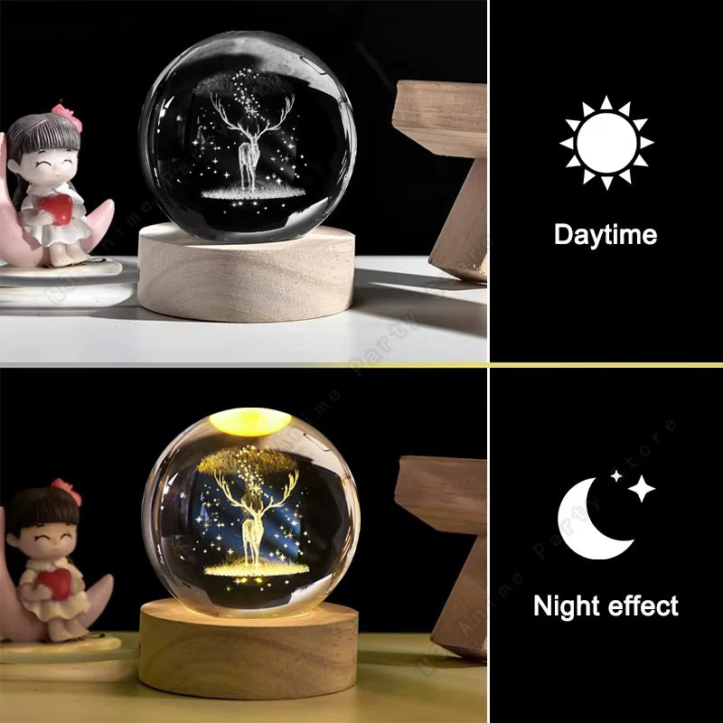 Lampă de Noptieră Glob Cristal 3D – Mini 5cm, cu Căprioară Gravată Laser, Bază din Lemn, USB