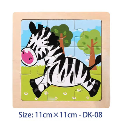 Puzzle din Lemn pentru Copii – 11x11cm, Model Animal și Vehicul, Joc Montessori Educațional pentru Vârsta 3-6 Ani