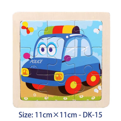 Puzzle din Lemn pentru Copii – 11x11cm, Model Animal și Vehicul, Joc Montessori Educațional pentru Vârsta 3-6 Ani