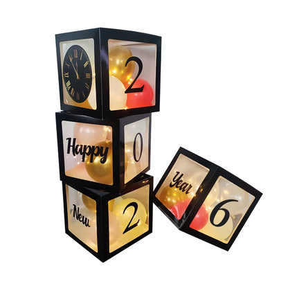 Set Happy New Year 2026 – Cutie Transparentă cu Baloane Negre, Decor Elegant pentru Revelion și Petreceri