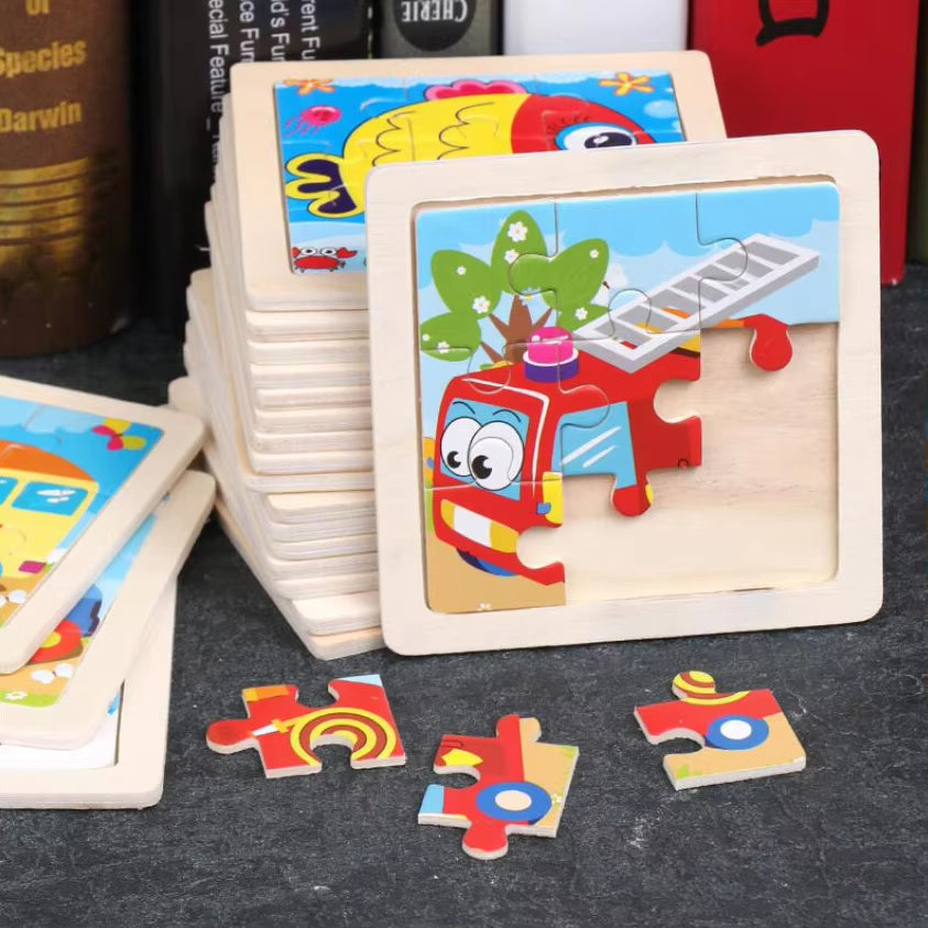 Puzzle din Lemn pentru Copii – 11x11cm, Model Animal și Vehicul, Joc Montessori Educațional pentru Vârsta 3-6 Ani