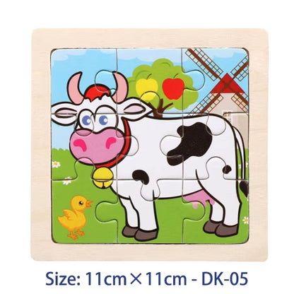 Puzzle din Lemn pentru Copii – 11x11cm, Model Animal și Vehicul, Joc Montessori Educațional pentru Vârsta 3-6 Ani