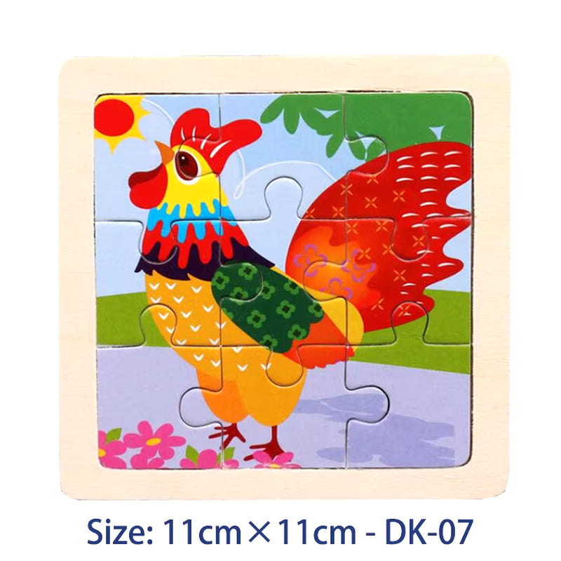 Puzzle din Lemn pentru Copii – 11x11cm, Model Animal și Vehicul, Joc Montessori Educațional pentru Vârsta 3-6 Ani