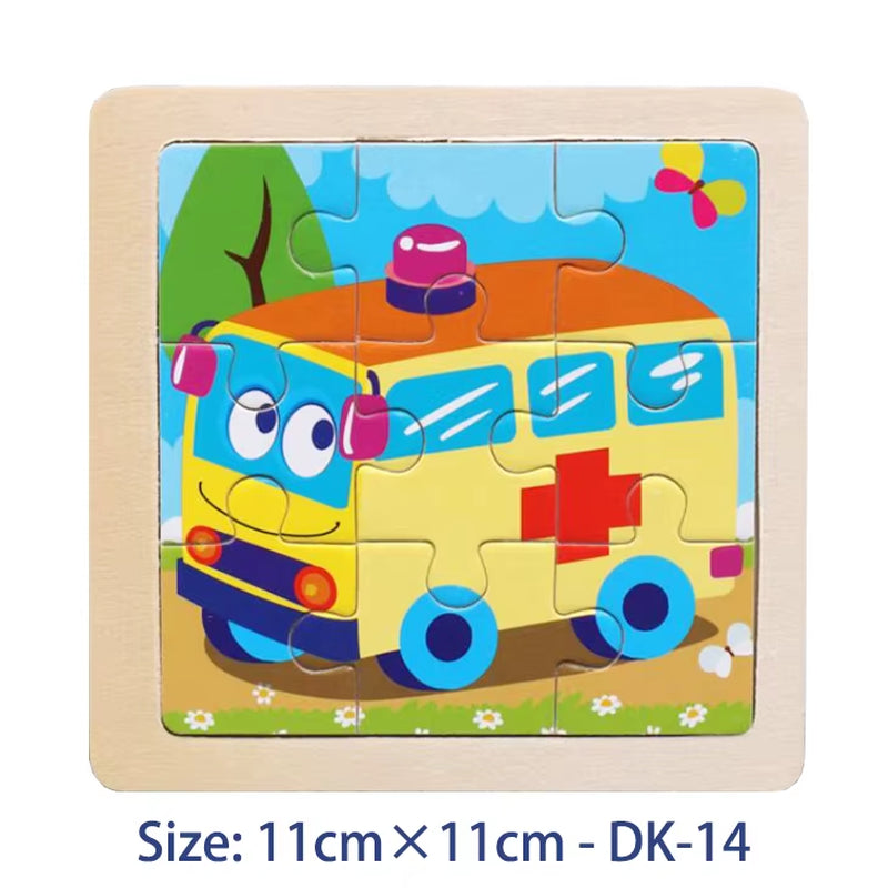 Puzzle din Lemn pentru Copii – 11x11cm, Model Animal și Vehicul, Joc Montessori Educațional pentru Vârsta 3-6 Ani