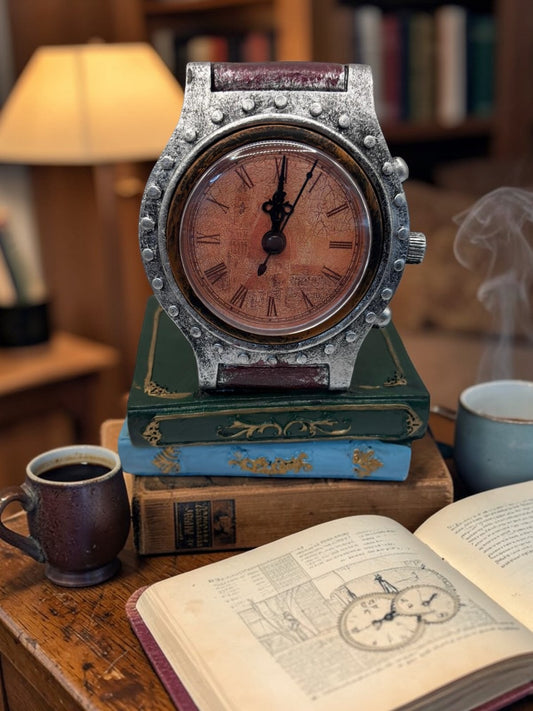 Ceas decorativ vintage in forma de ceas de mana, pe suport de carti