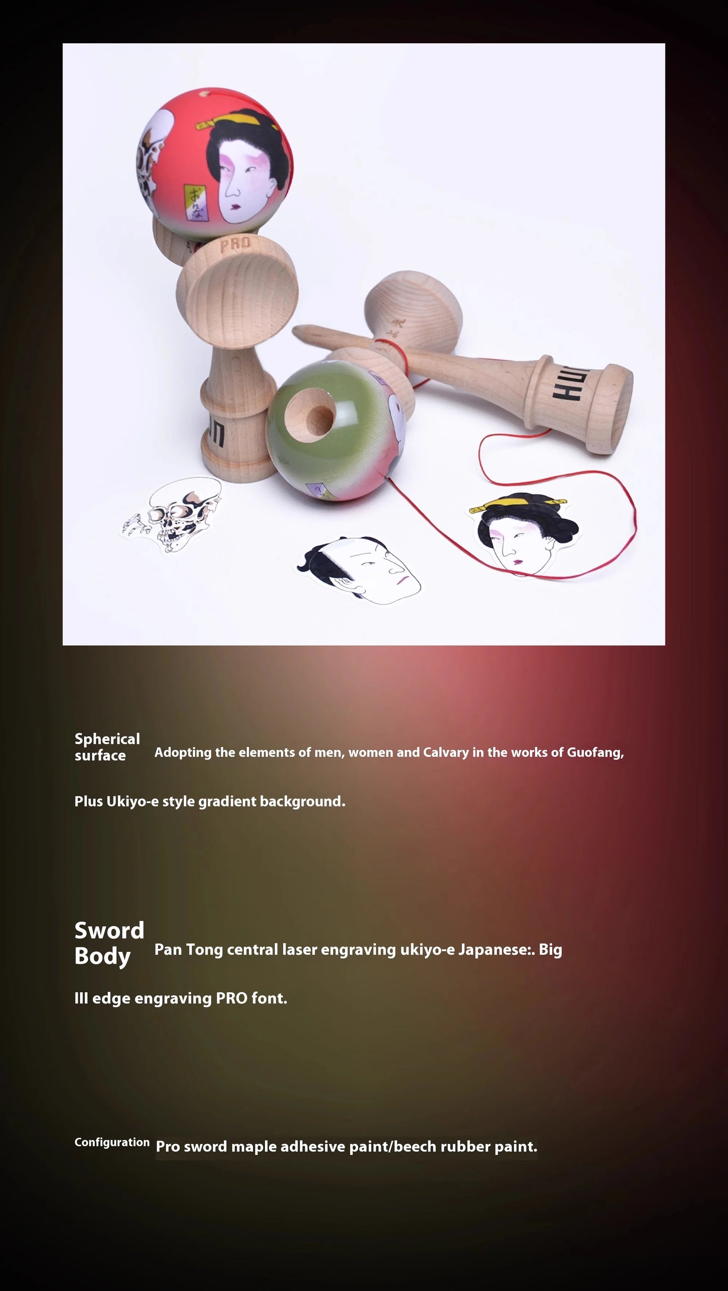 Kendama HUN Gechuan – Model Guofang, Pro Beech, Seria Ukiyo-E, vopsea cauciucată