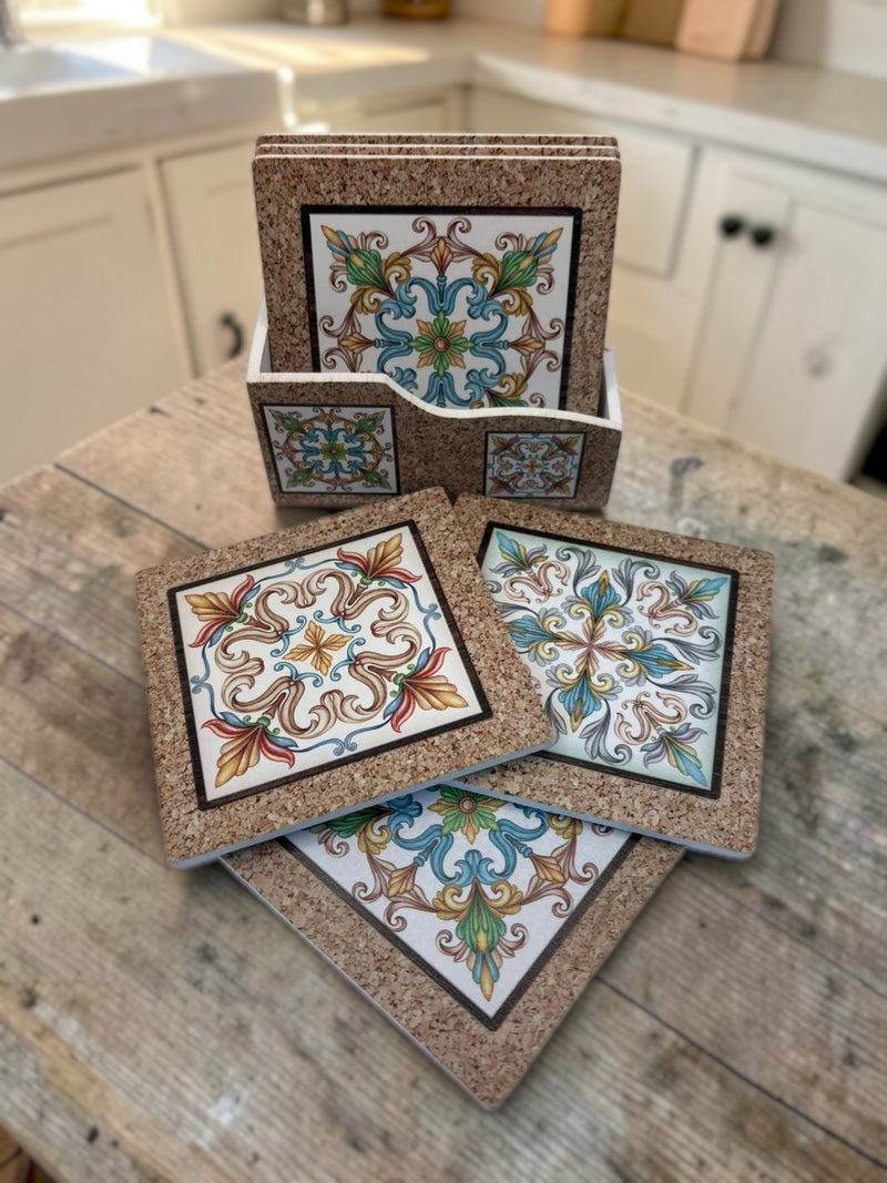 Set de 6 suporturi patrate din pluta cu model Ceramic Vintage si suport pentru depozitare. 