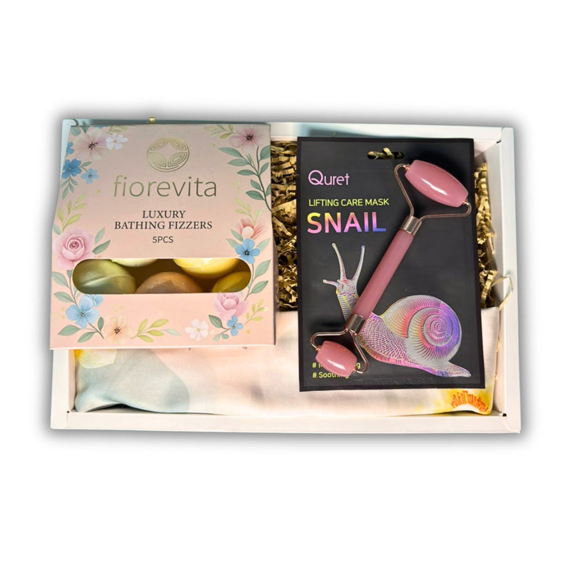 Set cadou Floral Serenity-masca faciala, rola jad, esarfa si bombe baie