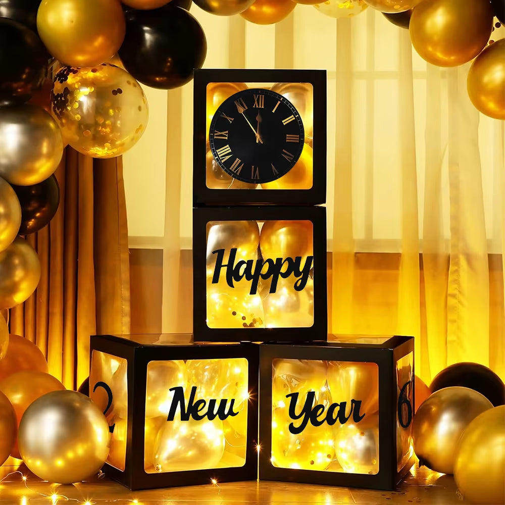 Set Happy New Year 2026 – Cutie Transparentă cu Baloane Negre, Decor Elegant pentru Revelion și Petreceri
