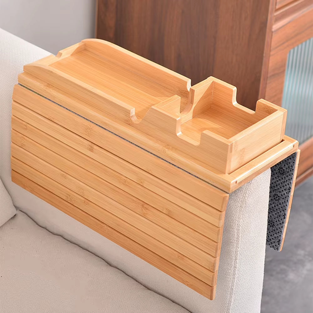 Tavă Pliabilă din Lemn pentru Brațul Canapelei – 3 în 1, Anti-Alunecare, Suport Detasabil pentru Pahare și Telecomandă