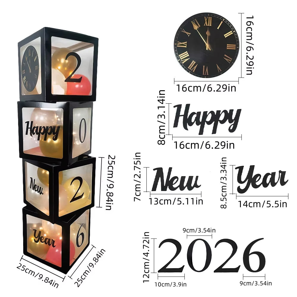 Set Happy New Year 2026 – Cutie Transparentă cu Baloane Negre, Decor Elegant pentru Revelion și Petreceri