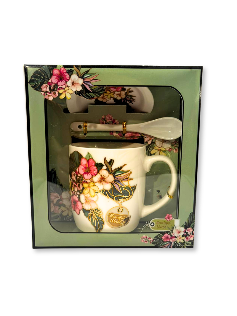 cana ceramica cu capac si lingurita model floral cu accente aurii