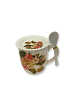 cana ceramica cu capac si lingurita model floral cu accente aurii