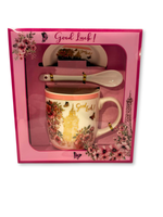 cana ceramica cu capac si lingurita model floral cu accente aurii