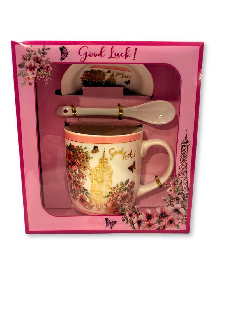 cana ceramica cu capac si lingurita model floral cu accente aurii