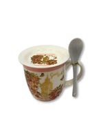 cana ceramica cu capac si lingurita model floral cu accente aurii
