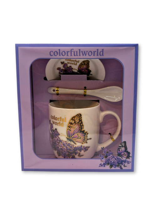 Cana ceramica Colorful World cu capac si lingurita