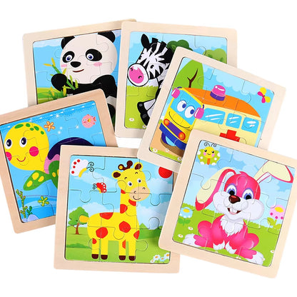 Puzzle din Lemn pentru Copii – 11x11cm, Model Animal și Vehicul, Joc Montessori Educațional pentru Vârsta 3-6 Ani