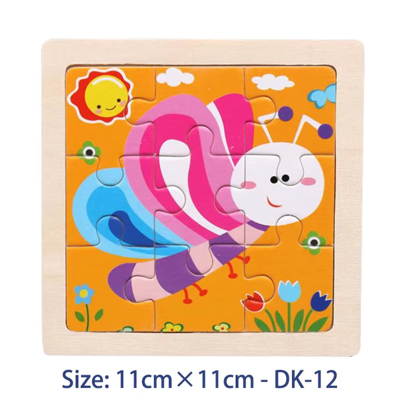 Puzzle din Lemn pentru Copii – 11x11cm, Model Animal și Vehicul, Joc Montessori Educațional pentru Vârsta 3-6 Ani