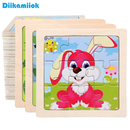 Puzzle din Lemn pentru Copii – 11x11cm, Model Animal și Vehicul, Joc Montessori Educațional pentru Vârsta 3-6 Ani