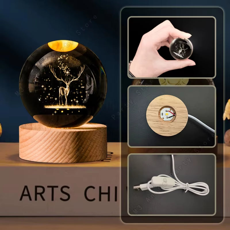 Lampă de Noptieră Glob Cristal 3D – Mini 5cm, cu Căprioară Gravată Laser, Bază din Lemn, USB