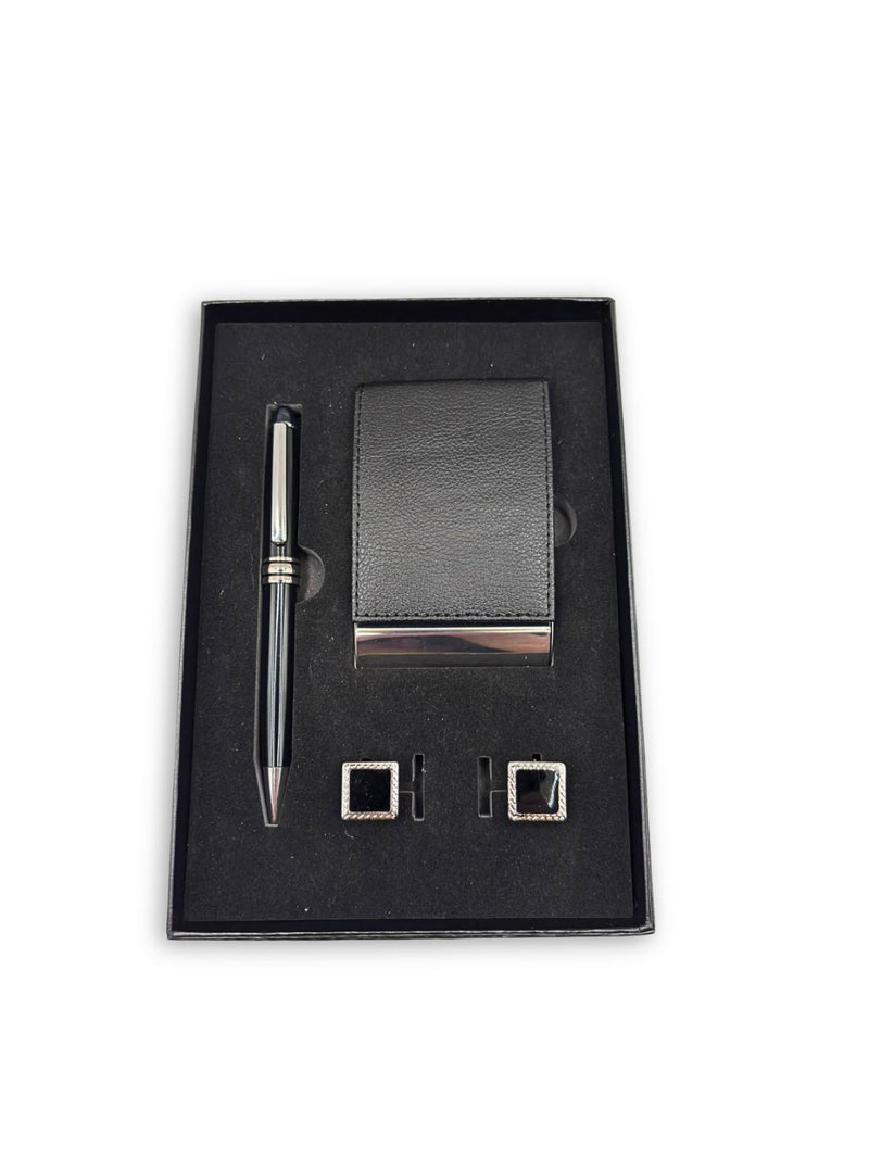 Set cadou pentru barbati cu pix metalic, suport pentru carti de vizita si butoni eleganti, prezentat intr-o cutie neagra.