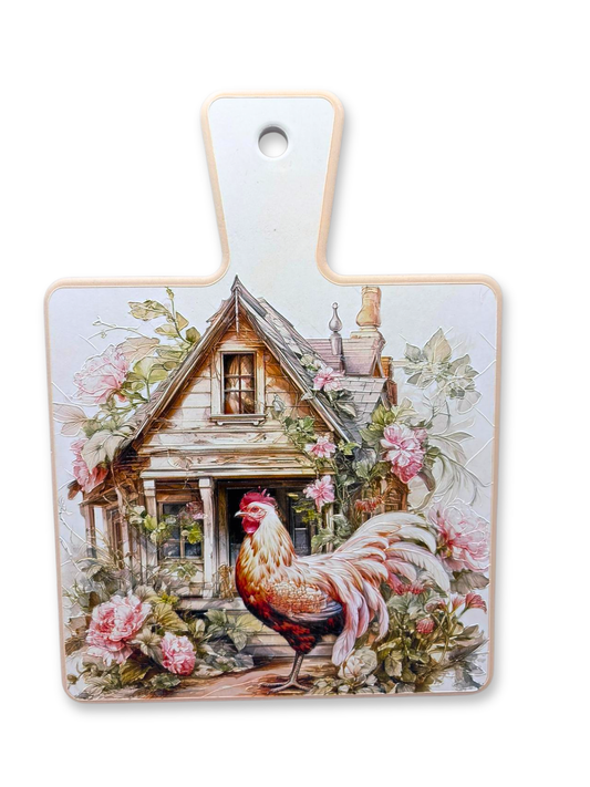 Tocator ceramic decorativ cu design rustic: casuta, cocos si flori. Ideal pentru decor si servire in bucatarie. 