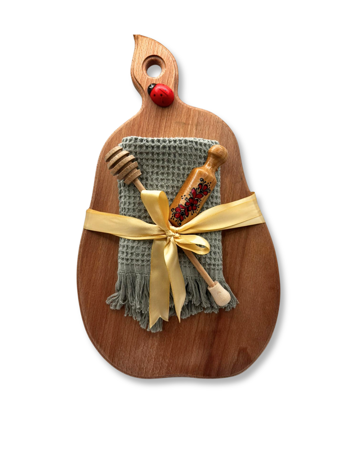 Set cadou rustic para cu tocator din lemn in forma de para, prosop texturat, ustensila pentru miere si magnet mini sucitor decorativ. 